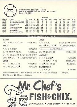 1977 Mr. Chef's San Jose Missions #22 Jimmy Sexton Back