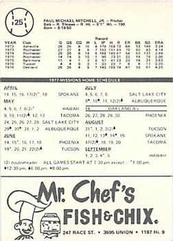 1977 Mr. Chef's San Jose Missions #25 Paul Mitchell Back