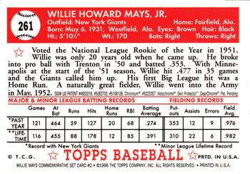 1997 Topps - Willie Mays Commemorative Reprints Finest #2 Willie Mays Back