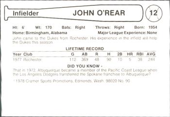 1978 Cramer Albuquerque Dukes #90 John O'Rear Back