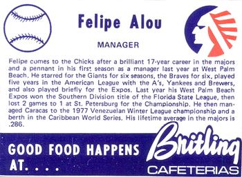 1978 Britling Cafeterias Memphis Chicks #NNO Felipe Alou Back