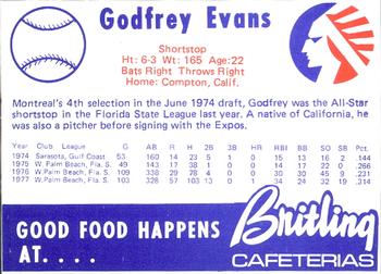 1978 Britling Cafeterias Memphis Chicks #NNO Godfrey Evans Back