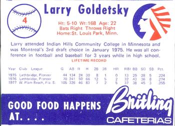 1978 Britling Cafeterias Memphis Chicks #4 Larry Goldetsky Back