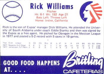 1978 Britling Cafeterias Memphis Chicks #NNO Rick Williams Back
