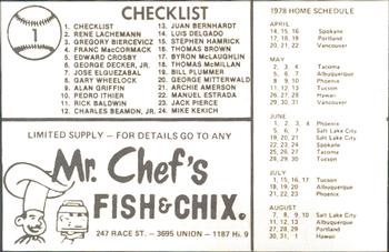 1978 Mr. Chef's San Jose Missions #1 Checklist Back