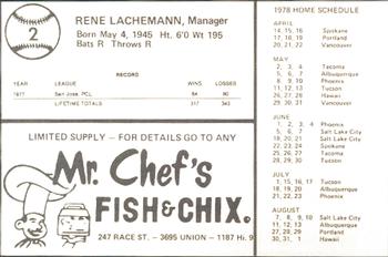 1978 Mr. Chef's San Jose Missions #2 Rene Lachemann Back