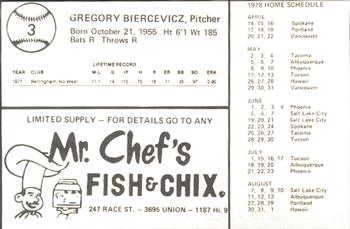 1978 Mr. Chef's San Jose Missions #3 Greg Biercevicz Back