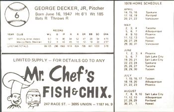 1978 Mr. Chef's San Jose Missions #6 Joe Decker Back