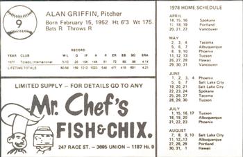 1978 Mr. Chef's San Jose Missions #9 Alan Griffin Back