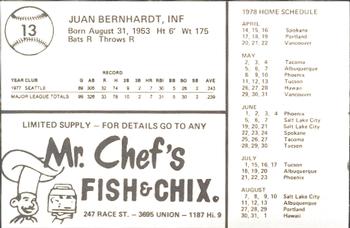 1978 Mr. Chef's San Jose Missions #13 Juan Bernhardt Back