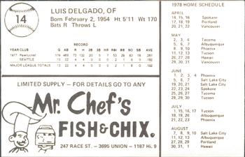 1978 Mr. Chef's San Jose Missions #14 Luis Delgado Back