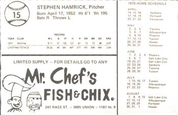 1978 Mr. Chef's San Jose Missions #15 Steve Hamrick Back