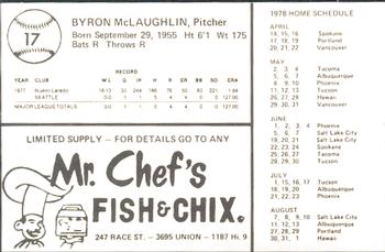 1978 Mr. Chef's San Jose Missions #17 Byron McLaughlin Back