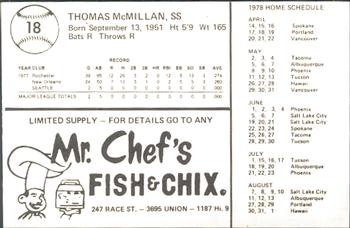 1978 Mr. Chef's San Jose Missions #18 Tom McMillan Back