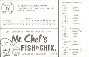 1978 Mr. Chef's San Jose Missions #19 Bill Plummer Back