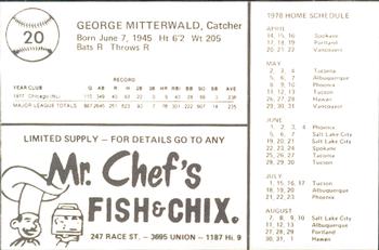 1978 Mr. Chef's San Jose Missions #20 George Mitterwald Back