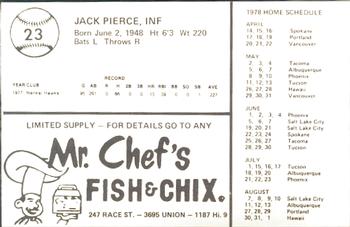 1978 Mr. Chef's San Jose Missions #23 Jack Pierce Back