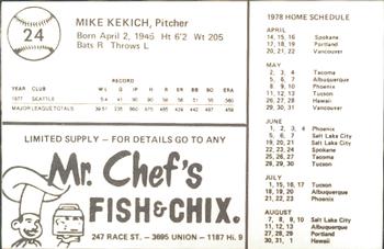 1978 Mr. Chef's San Jose Missions #24 Mike Kekich Back