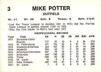 1978 Wiener King Springfield Redbirds #3 Mike Potter Back