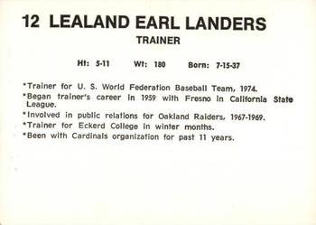 1978 Wiener King Springfield Redbirds #12 Lee Landers Back