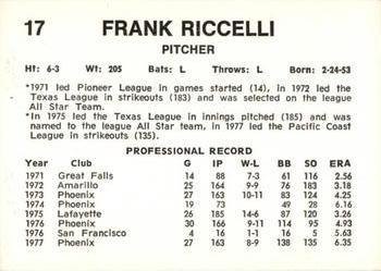 1978 Wiener King Springfield Redbirds #17 Frank Riccelli Back