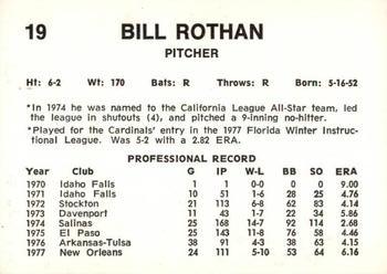 1978 Wiener King Springfield Redbirds #19 Bill Rothan Back
