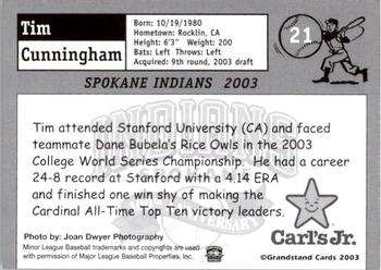 2003 Grandstand Spokane Indians #NNO Tim Cunningham Back