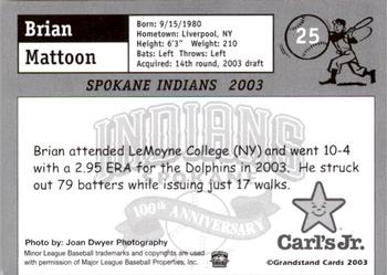 2003 Grandstand Spokane Indians #NNO Brian Mattoon Back