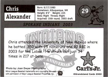 2003 Grandstand Spokane Indians #NNO Chris Alexander Back