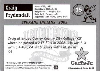 2003 Grandstand Spokane Indians #NNO Craig Frydendall Back