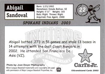 2003 Grandstand Spokane Indians #NNO Abigail Sandoval Back