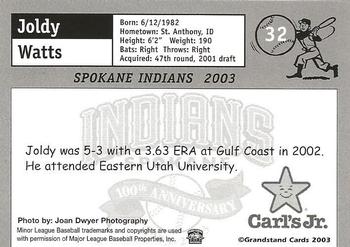 2003 Grandstand Spokane Indians #NNO Joldy Watts Back