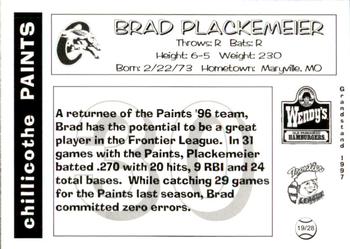 1997 Grandstand Chillicothe Paints #19 Brad Plackemeier Back