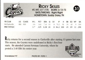 1997 Grandstand Clarksville Coyotes #NNO Ricky Skiles Back