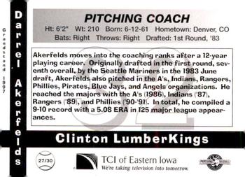1997 Grandstand Clinton LumberKings #27 Darrel Akerfelds Back