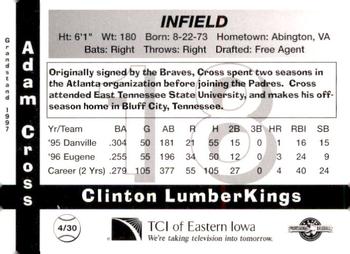 1997 Grandstand Clinton LumberKings #4 Adam Cross Back