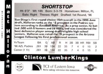 1997 Grandstand Clinton LumberKings #8 Matt Halloran Back