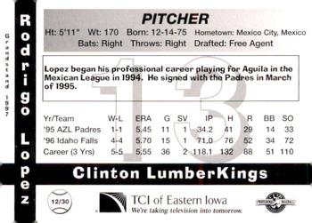 1997 Grandstand Clinton LumberKings #12 Rodrigo Lopez Back