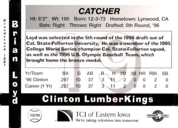 1997 Grandstand Clinton LumberKings #13 Brian Loyd Back