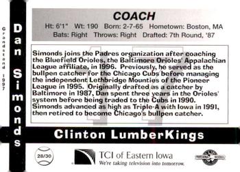 1997 Grandstand Clinton LumberKings #28 Dan Simonds Back