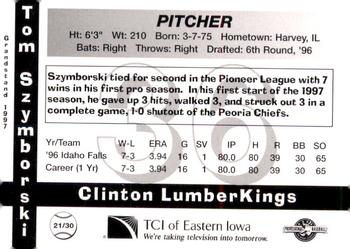 1997 Grandstand Clinton LumberKings #21 Tom Szymborski Back