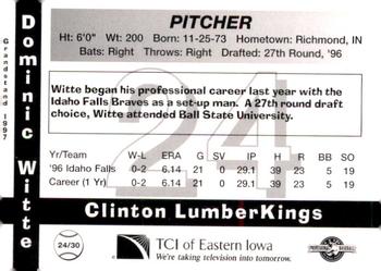 1997 Grandstand Clinton LumberKings #24 Dominic Witte Back