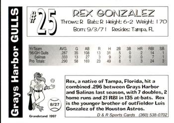 1997 Grandstand Grays Harbor Gulls #NNO Rex Gonzalez Back