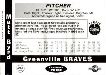 1997 Grandstand Greenville Braves #NNO Matt Byrd Back