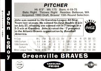 1997 Grandstand Greenville Braves #NNO John LeRoy Back