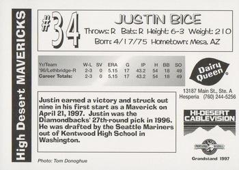 1997 Grandstand High Desert Mavericks #NNO Justin Bice Back