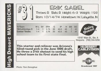 1997 Grandstand High Desert Mavericks #NNO Erik Sabel Back