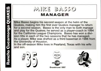 1997 Grandstand Rancho Cucamonga Quakes #NNO Mike Basso Back