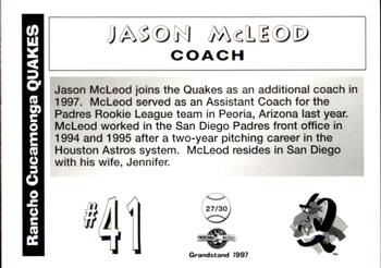 1997 Grandstand Rancho Cucamonga Quakes #NNO Jason McLeod Back