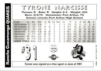 1997 Grandstand Rancho Cucamonga Quakes #NNO Tyrone Narcisse Back
